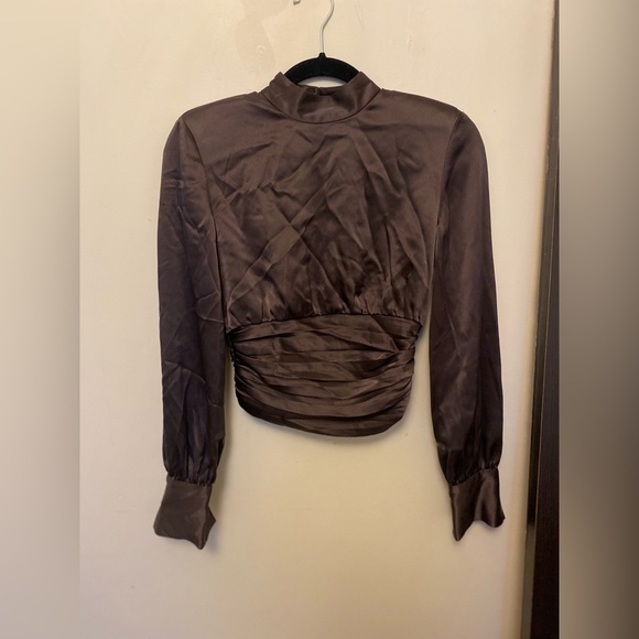 Babaton brown satin “Rosalia” longsleeve blouse ***in dark brown*** - Picture 3 of 4